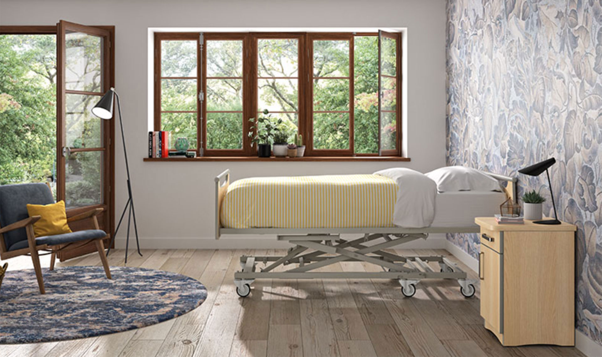 Cama articulada eléctrica en un dormitorio luminoso